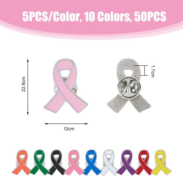 SUPERFINDINGS 50PCS 10 Colors Breast Cancer Awareness Lapel Pins Ribbon Enamel Pins Alloy Badges Hope Ribbon Lapel Pins for Charity Recognition Public Event - Image 2