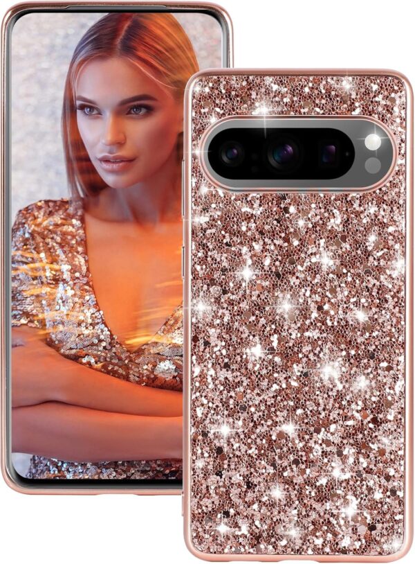 Silicone Case for Google Pixel 9 Pro XL 5G Case Glitter Sparkle Bling, Hybrid Matte Back Case High Impact Heavy Duty Shockproof Protective Cover for Google 9 Pro XL Cute Case for Women (Rose Gold)