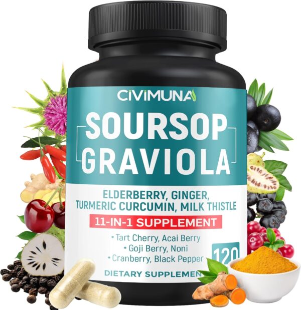 Soursop Graviola Capsules with Elderberry, Turmeric, Ginger, Milk Thistle, Tart Cherry and More - 120 Capsules for 4 Months Supply