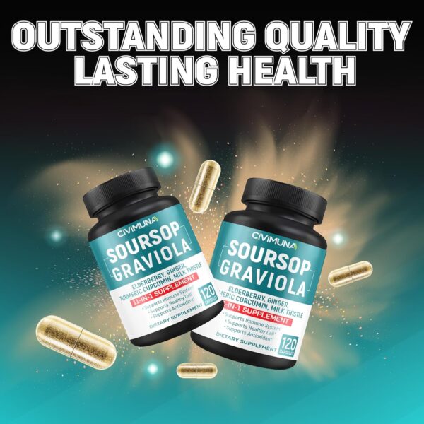 Soursop Graviola Capsules with Elderberry, Turmeric, Ginger, Milk Thistle, Tart Cherry and More - 120 Capsules for 4 Months Supply - Image 2