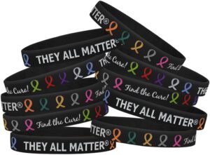 They All Matter Find The Cure Silicone Wristband Bracelets for All Cancers Awareness - 10 Pack (Black)