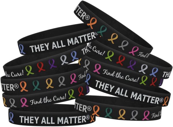They All Matter Find The Cure Silicone Wristband Bracelets for All Cancers Awareness - 10 Pack (Black)