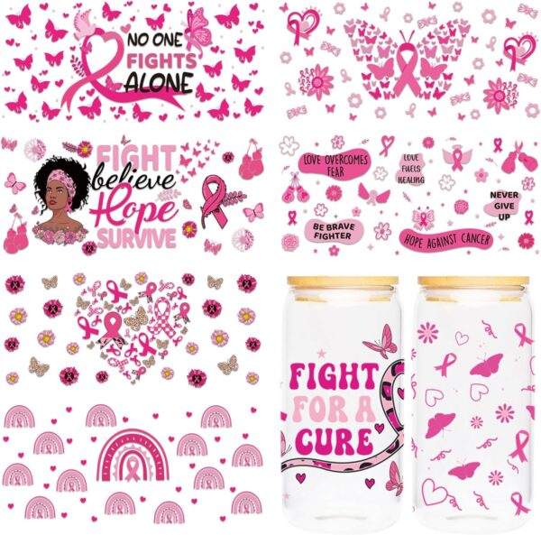 UV DTF Cup Wraps Transfer - Breast Cancer UVDTF Cup Sticker, Against Cancer, Believe Hope Survive, Butterfly, Flower, Rainbow, Love Heart Design, Inspirational Rub on Transfer, DIY Craft for Women