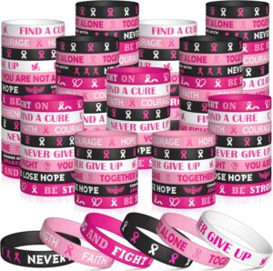 WATINC Breast Cancer Awareness Silicone Bracelets Set - Pink Ribbons Hope Faith Strength Courage Stretch Wristbands, Motivational Rubber Bracelet with Inspirational Messages for Women Girls (120Pcs)