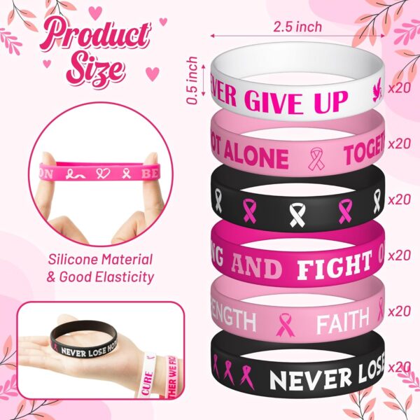 WATINC Breast Cancer Awareness Silicone Bracelets Set - Pink Ribbons Hope Faith Strength Courage Stretch Wristbands, Motivational Rubber Bracelet with Inspirational Messages for Women Girls (120Pcs) - Image 2