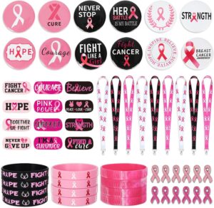 Whaline 84Pcs Breast Cancer Awareness Gifts Set Include Pink Ribbon Lanyard Pins Silicone Bracelets Tattoo Stickers Buttons Badges for Breast Cancer Charity Event Survivor Campaign Party Supplies