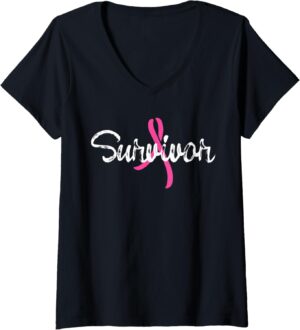 Womens Breast Cancer Awareness Survivor Pink Ribbon Gift V-Neck T-Shirt
