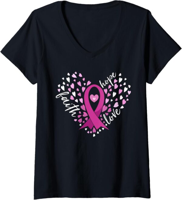 Womens Faith Hope Love Breast Cancer Awareness Pink Ribbon Warrior V-Neck T-Shirt