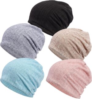 Women's Slouchy Beanie Chemo Hat: 5pcs Cancer Head Wraps Hair Covers Turban Hip-Hop Running Skull Cap Sleep Head Scarf for Cancer Patient