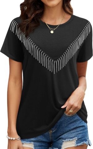 Womens Sparkly Rhinestone Fringe Tshirts Western Glitter Tassel Country Concert Outfits Sparkle Disco Cowgirl Tops