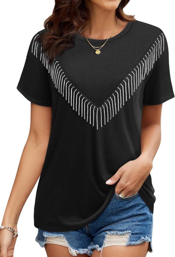 Womens Sparkly Rhinestone Fringe Tshirts Western Glitter Tassel Country Concert Outfits Sparkle Disco Cowgirl Tops - Image 2