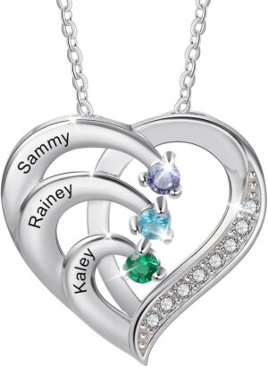 kaululu Mothers Day Gifts for Mom Personalized Birthstone Name Necklace for Women 925 Sterling Silver Best Custom Heart Necklace Build Your Mom Wife Girlfriend Birthday Gifts for Women